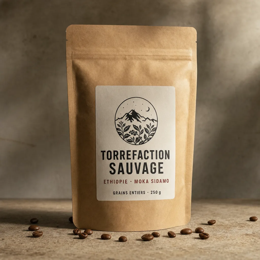 Sachet de café de spécialité, étiquette composée