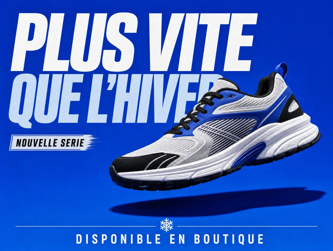 Publicité de baskets sur fond cobalt, accroche en capitales