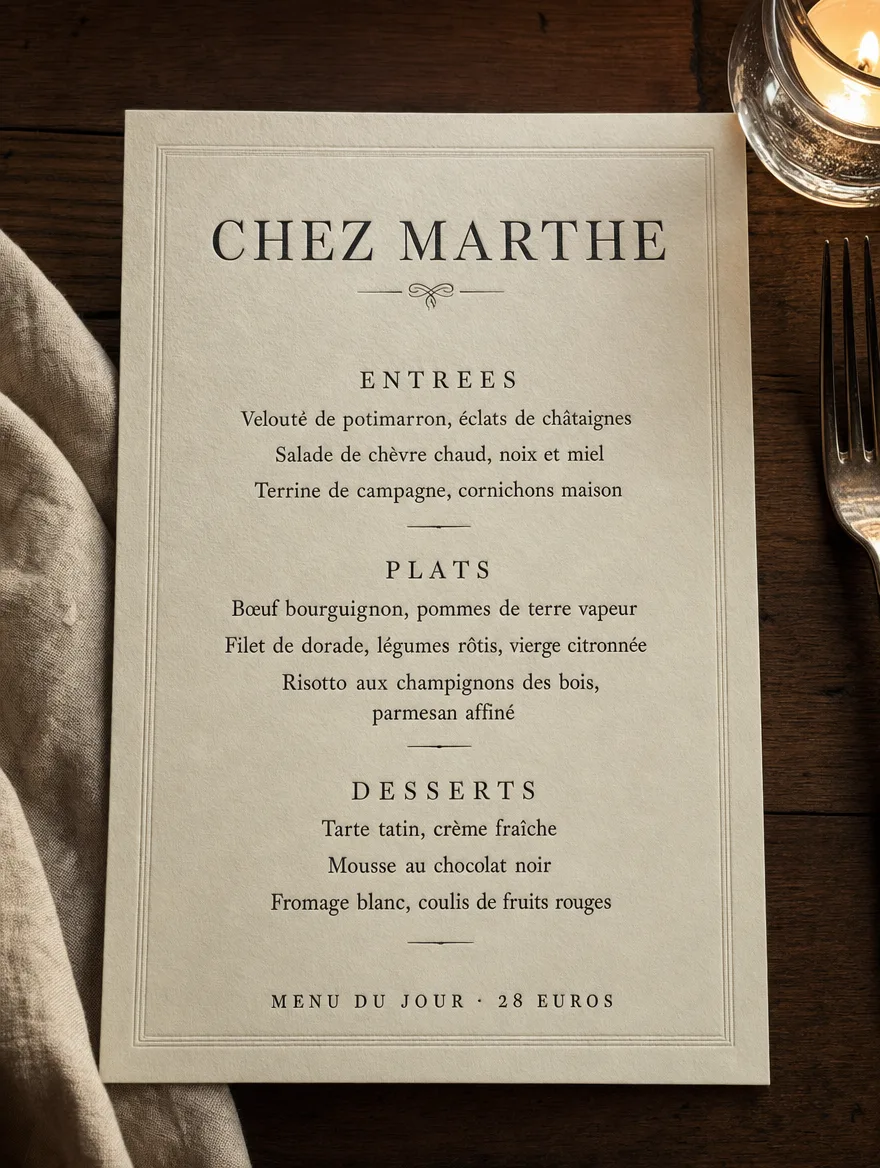 Carte de bistrot sur papier épais, rubriques et prix
