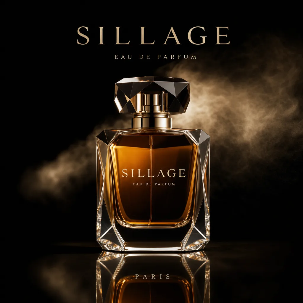 Publicité de parfum, capitales espacées sur fond noir