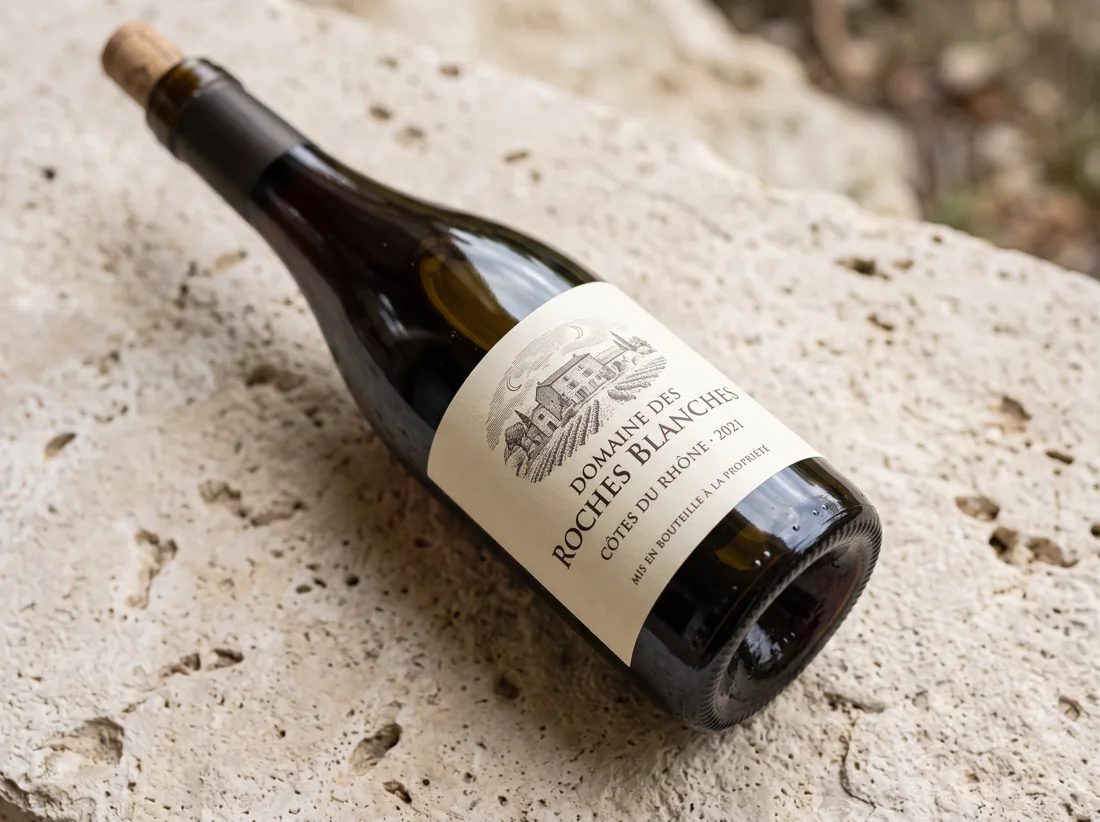Bouteille de vin et son étiquette, appellation composée