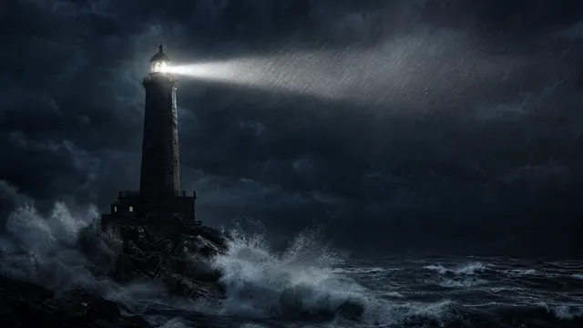 Un phare de pierre sur un rocher, de nuit, dans la tempête : son faisceau traverse la pluie, les vagues se brisent à son pied